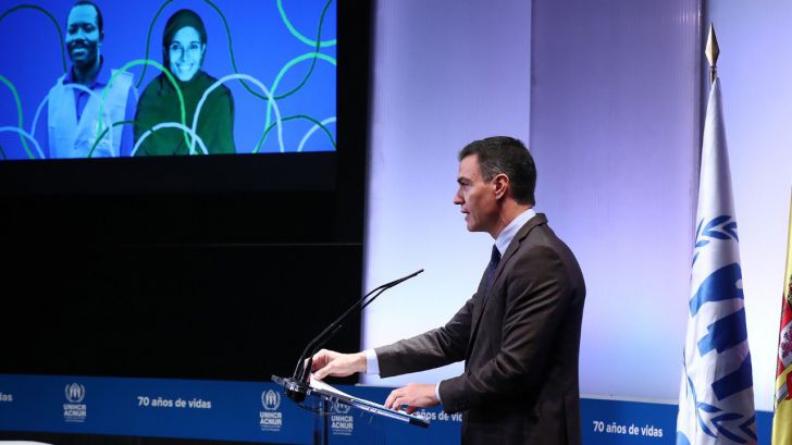 Pedro Sánchez durante su intervención en el evento de celebración mundial del 70º Aniversario de la Convención sobre el Estatuto de los Refugiados